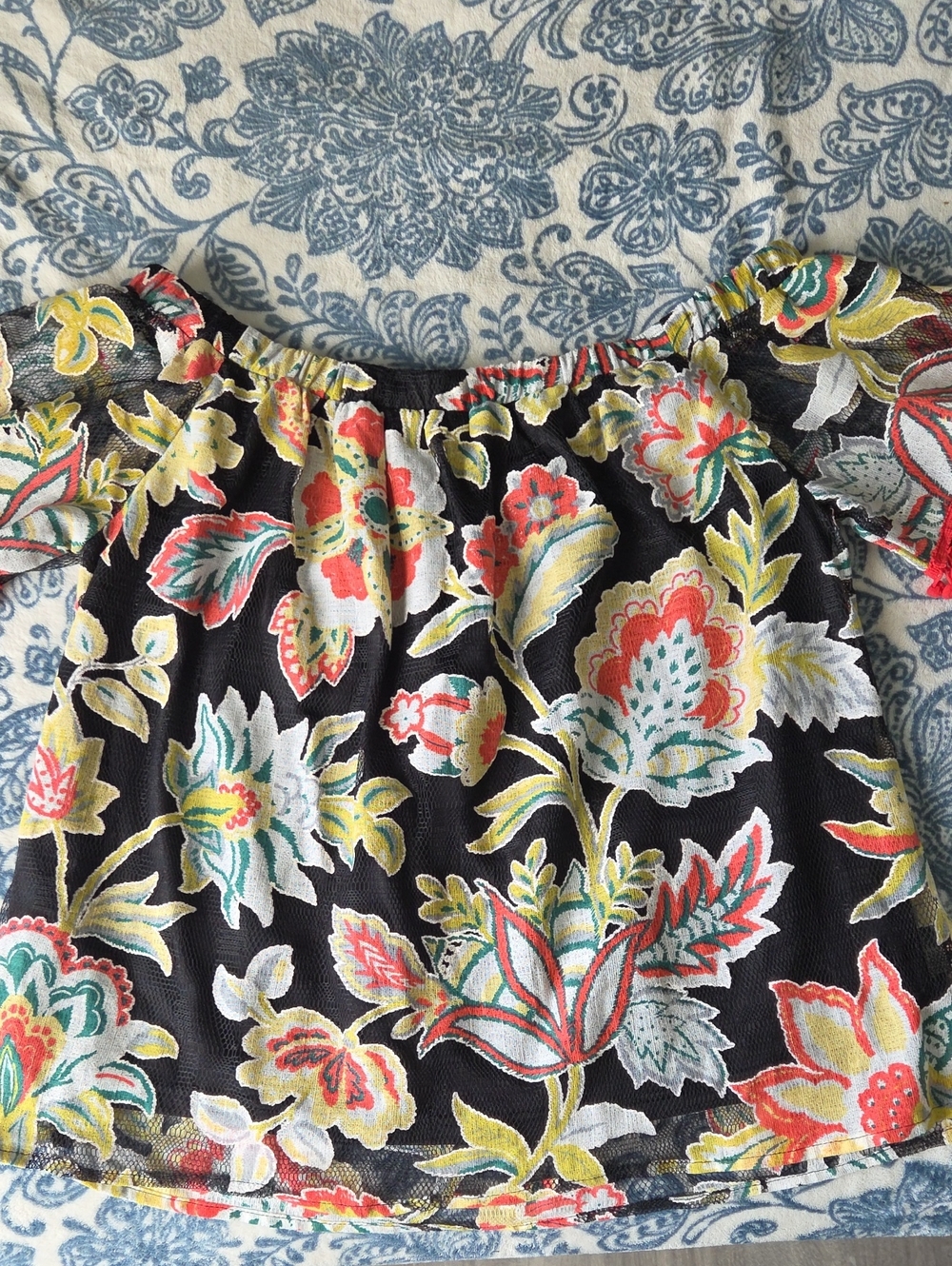 entro Black Off-the-Shoulder Floral Sheer Top with Coral Pom-Pom Trim